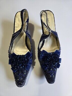 Women's Navy Beaded Slingback Heels